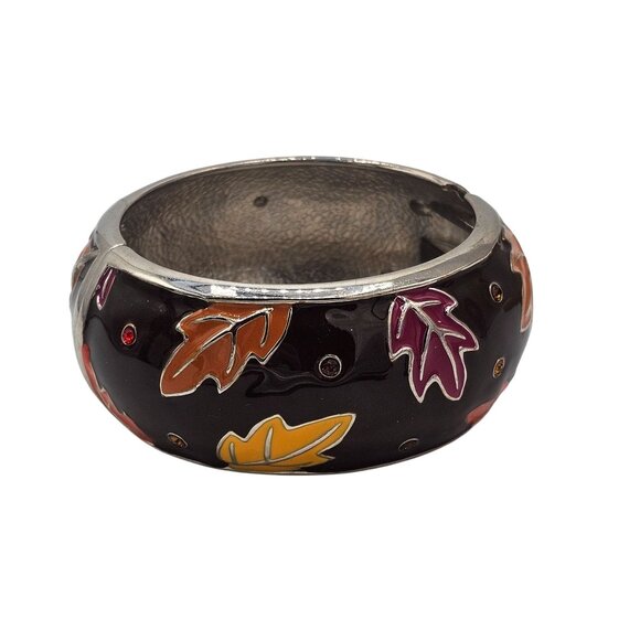 Brown Hinged Bangle Bracelet Colorful Fall Leaf Foliage Motif Wide Autumn - Picture 1 of 6